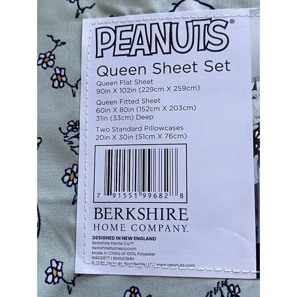 Peanuts Snoopy Spring‎ Bees Flowers Floral QUEEN Sz Sheet Set Soft Green NEW